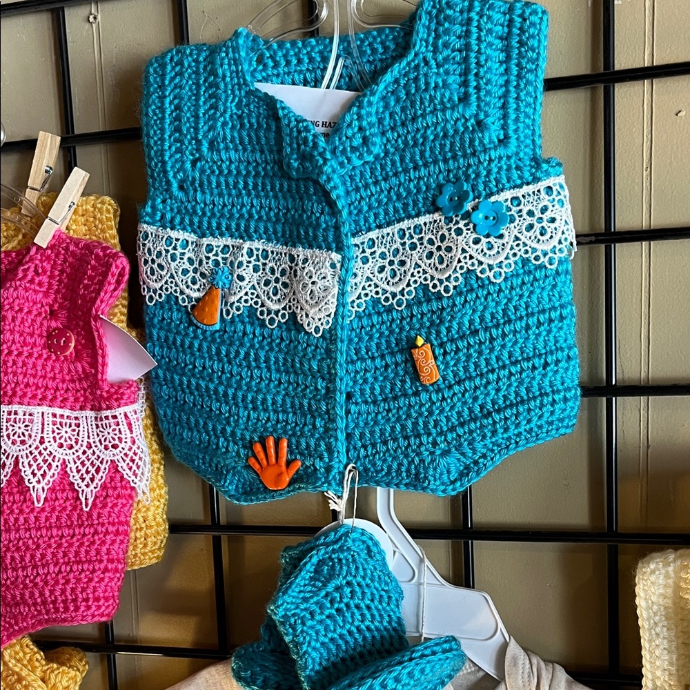 Handmade Blue Crochet Baby Vest and Booties with Lace and Flower Accents
